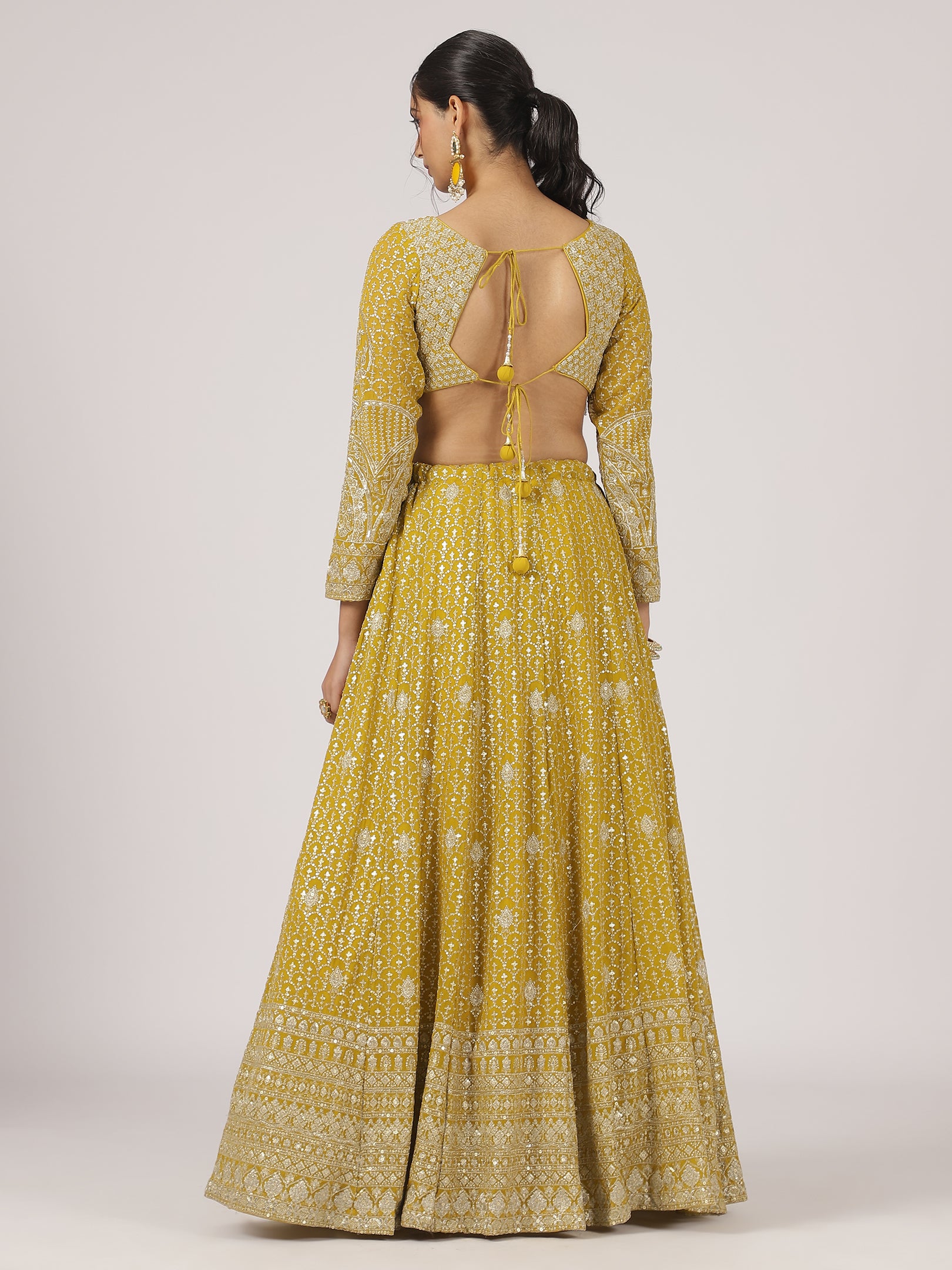 Mustard Yellow Georgette Zari Embroidered Lehenga