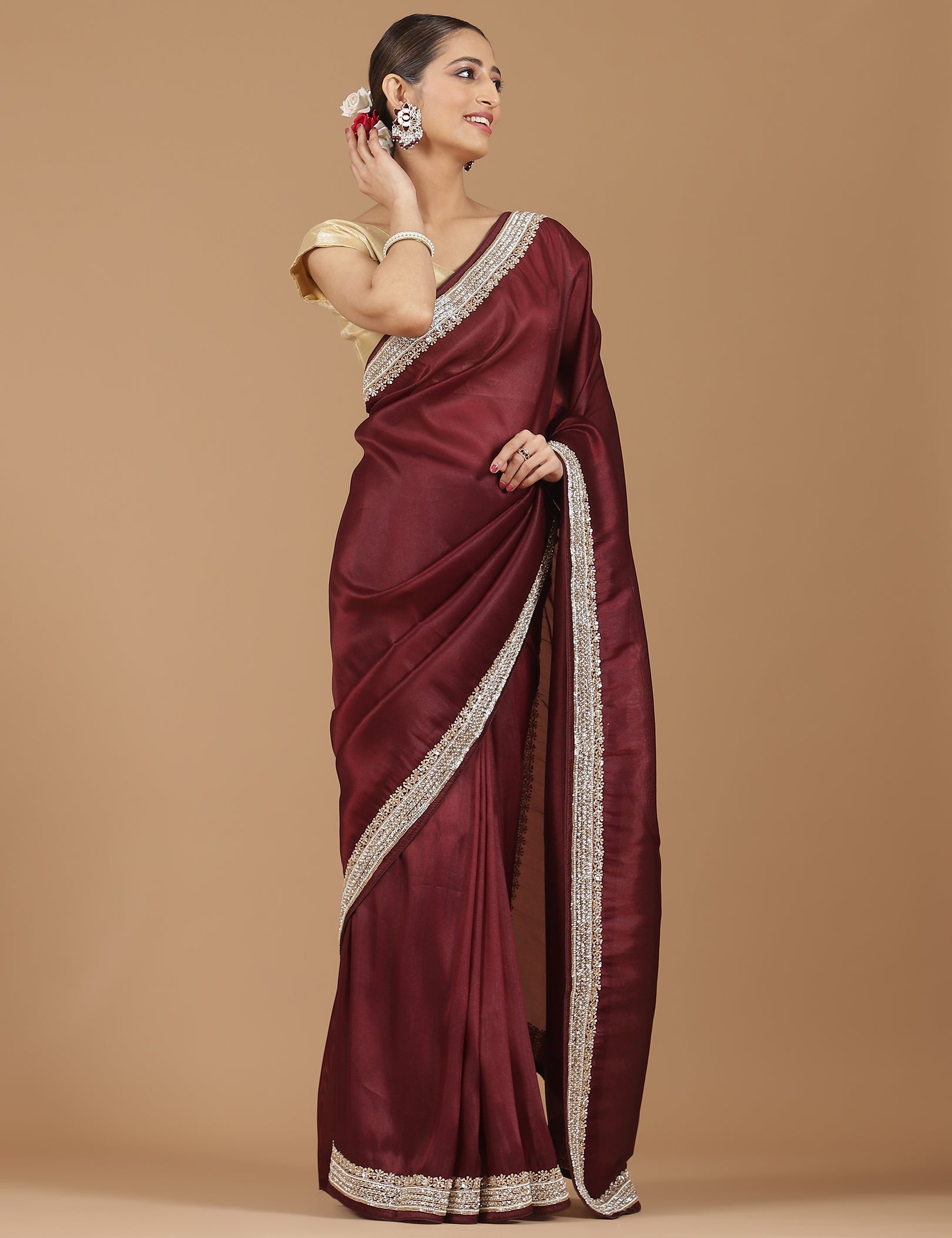 Satin Silk Saree with Delicate Stonework Border