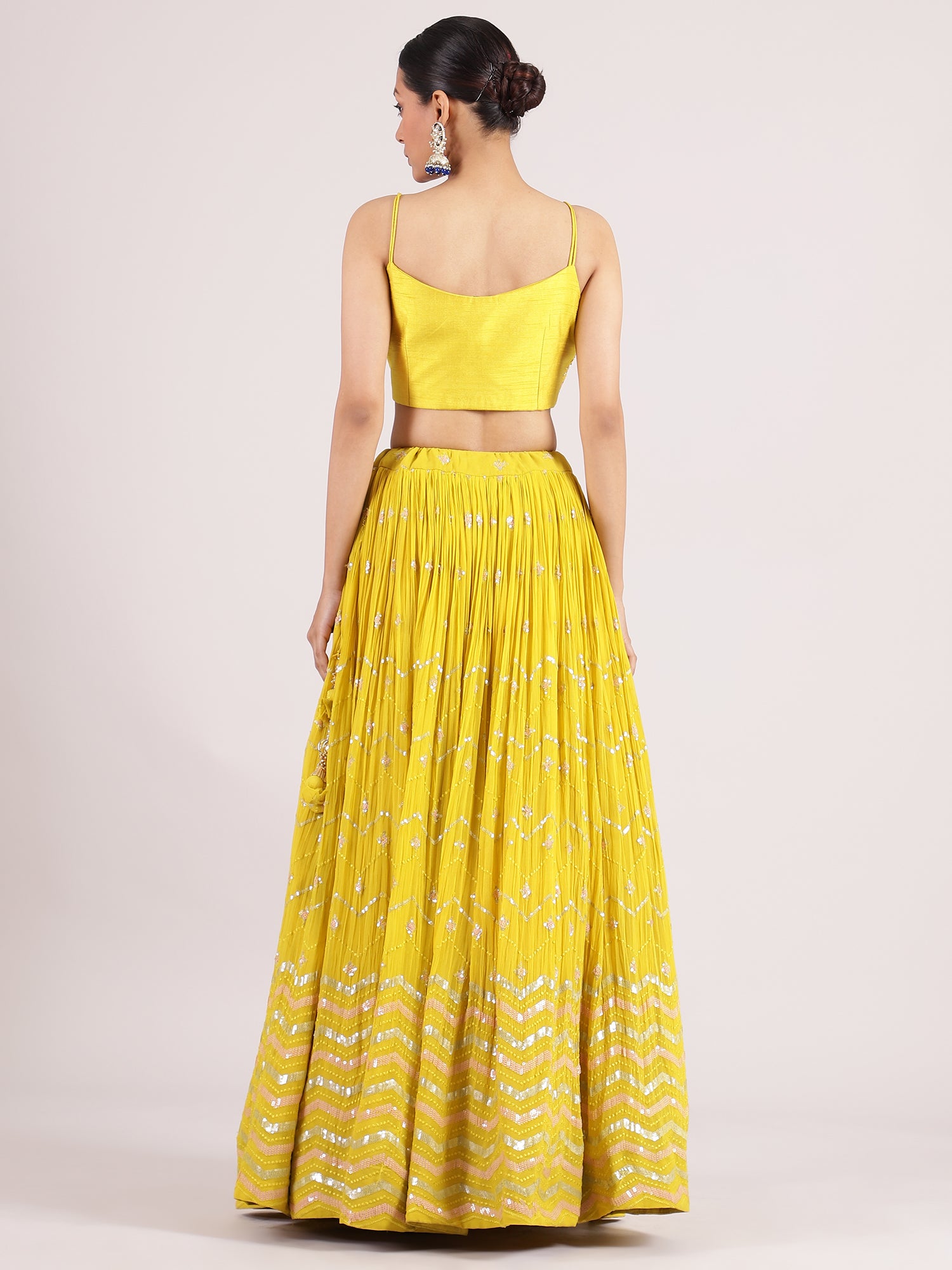 Vibrant Neon Yellow Georgette Lehenga with Sequin Embroidered Spaghetti Blouse