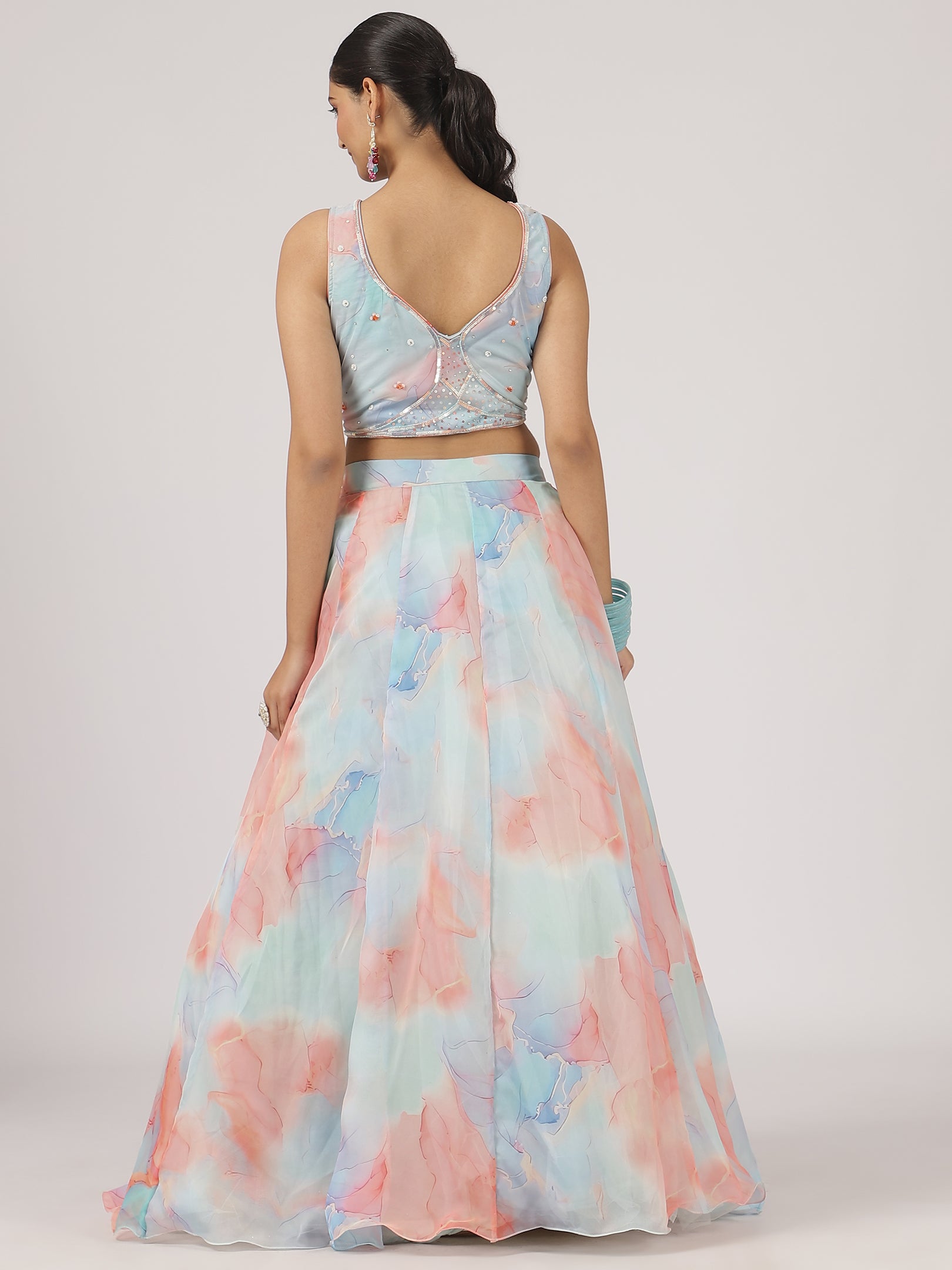 Pastel Blue & Peach Watercolor Organza Lehenga with Embroidered Blouse