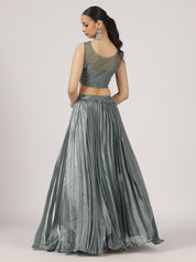 Elegant Grey Pleated Lehenga with Embroidered Blouse & Sheer Dupatta