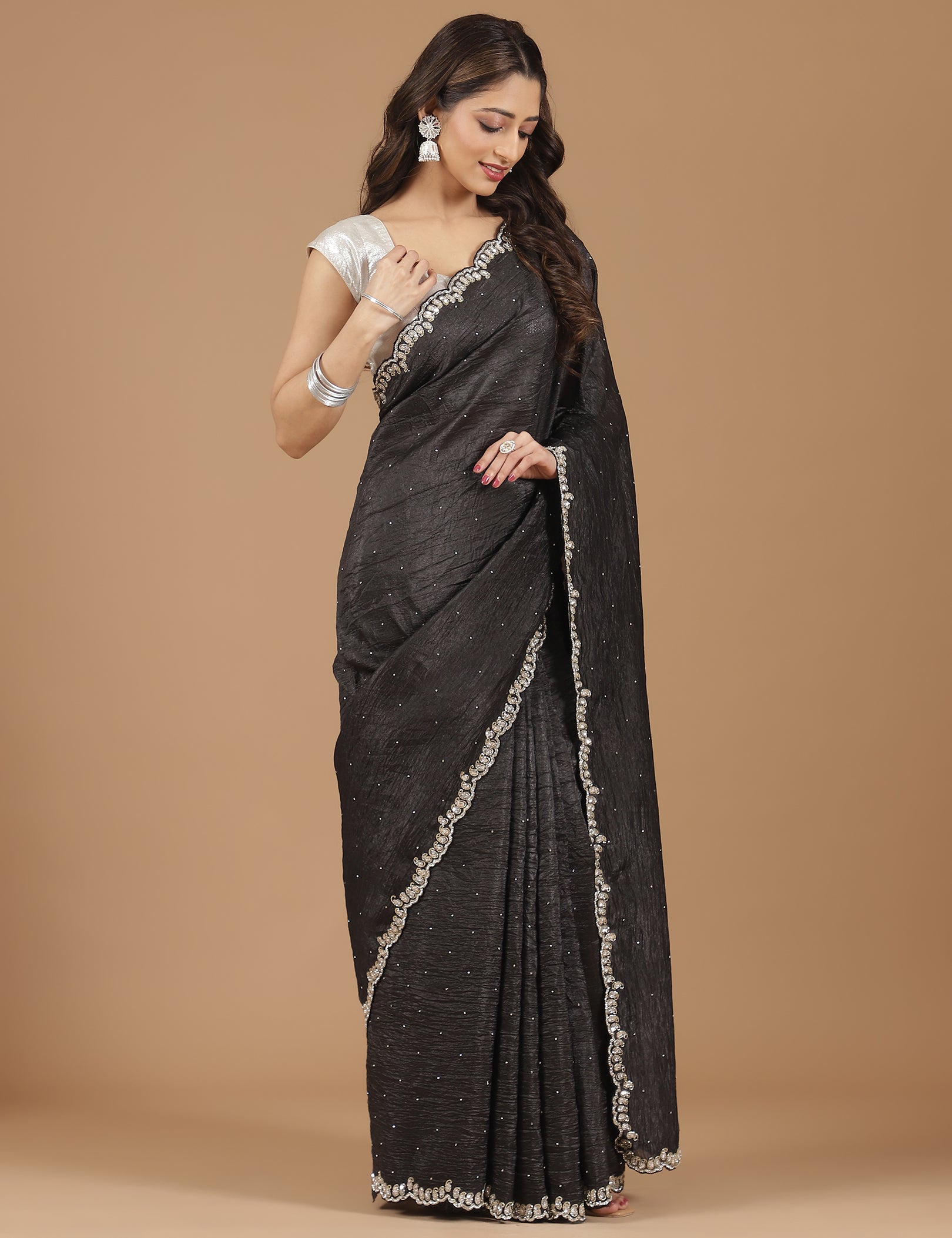 Crushed Silk Saree with Embellished Border