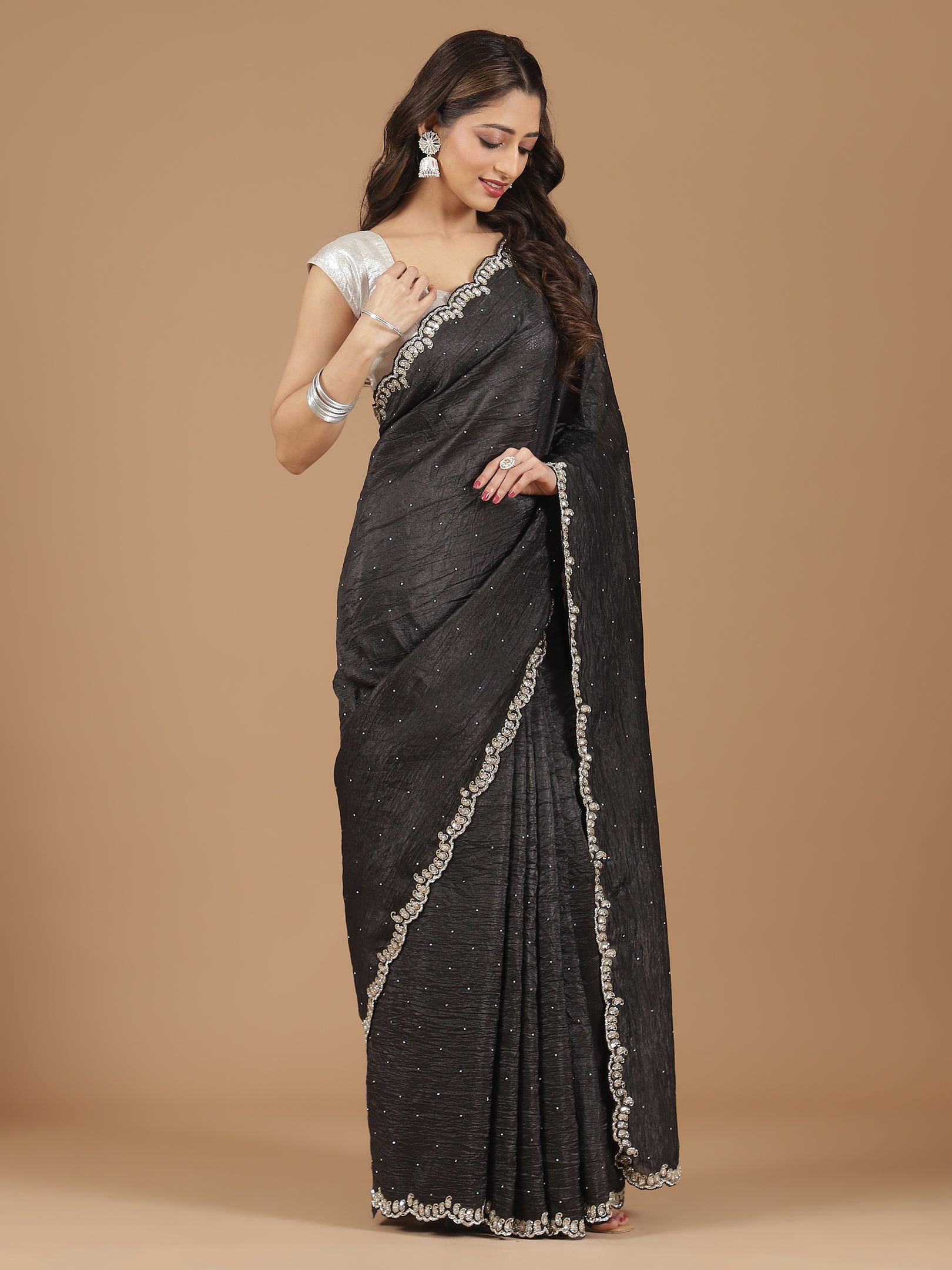 Crushed Silk Saree with Embellished Border