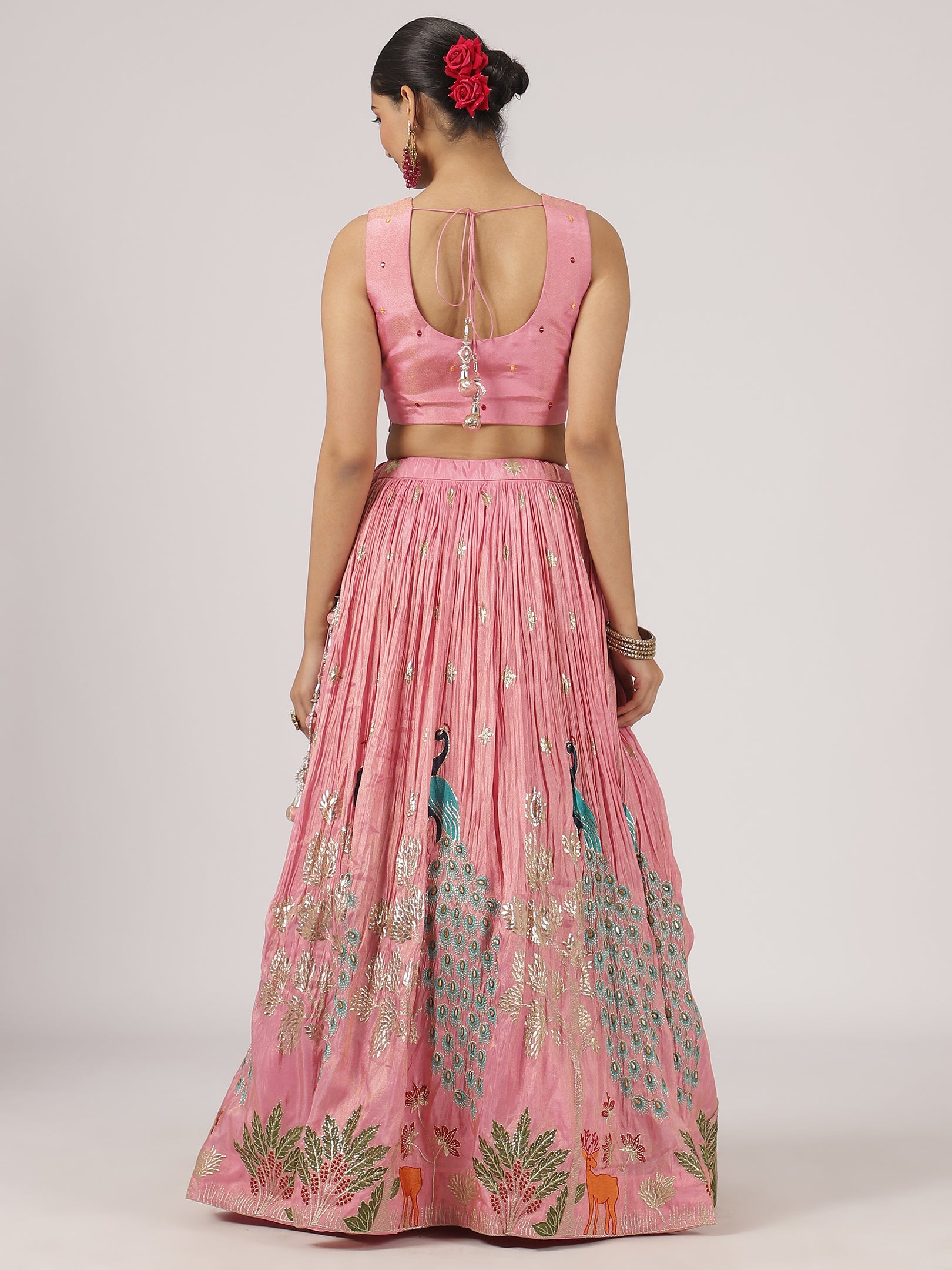 Stunning Pink Silk Lehenga with Peacock & Floral Embroidery