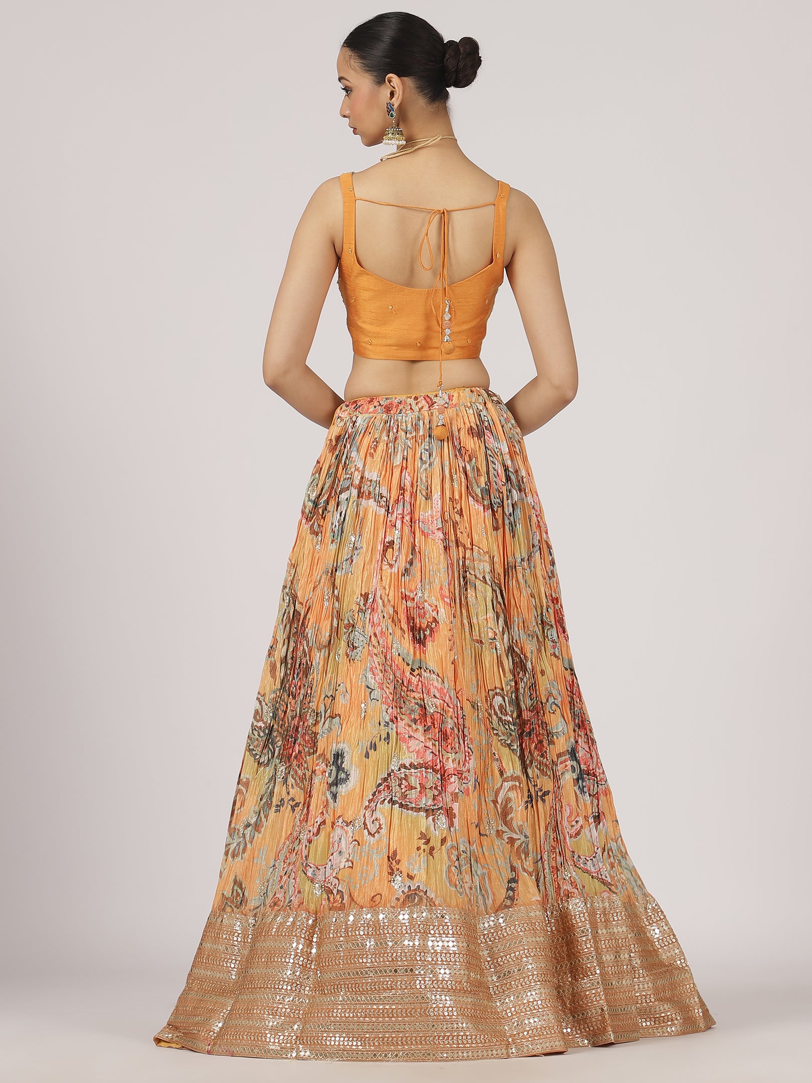 Bloom Orange Floral Print Lehenga with Embroidered Blouse & Dupatta