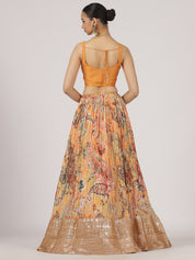 Bloom Orange Floral Print Lehenga with Embroidered Blouse & Dupatta