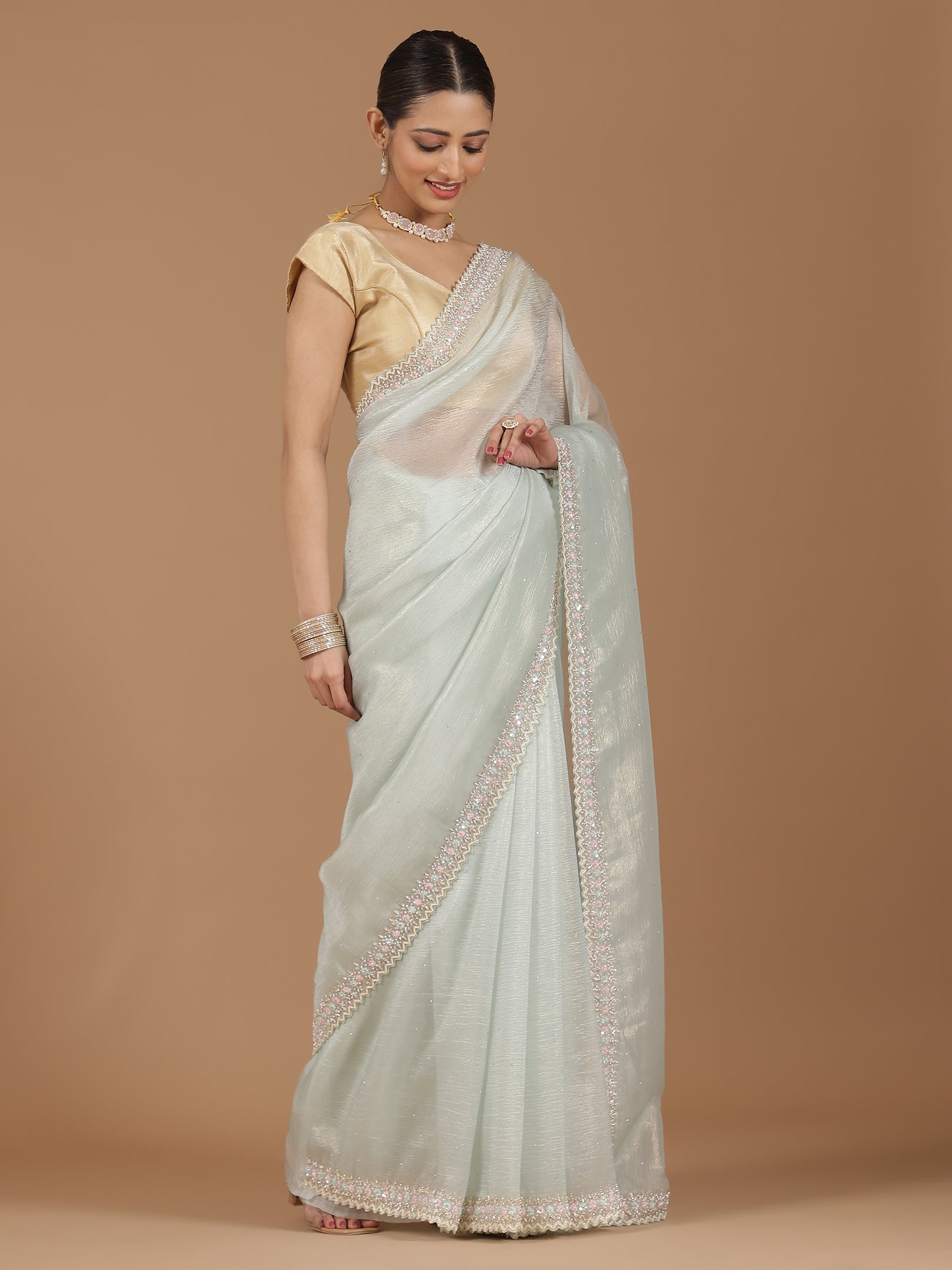 Net Saree with Delicate Floral Embroidery & Scalloped Border