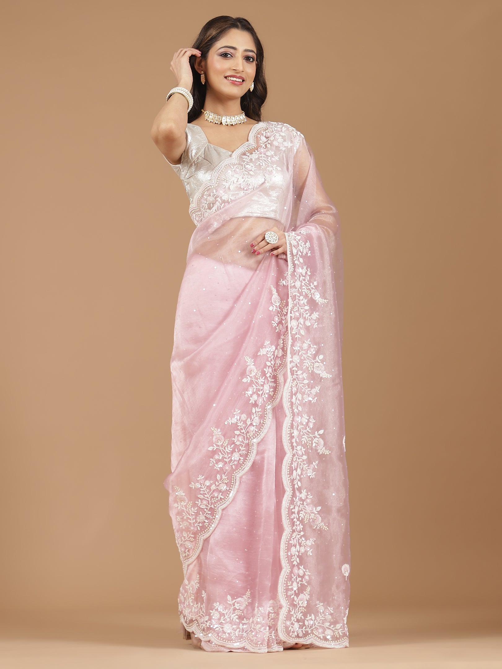 Elegant Blush Pink Embroidered Net Saree with Contrast Blouse