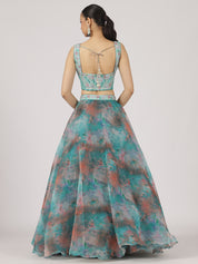 Aqua Blue Floral Organza Lehenga with Embroidered Blouse