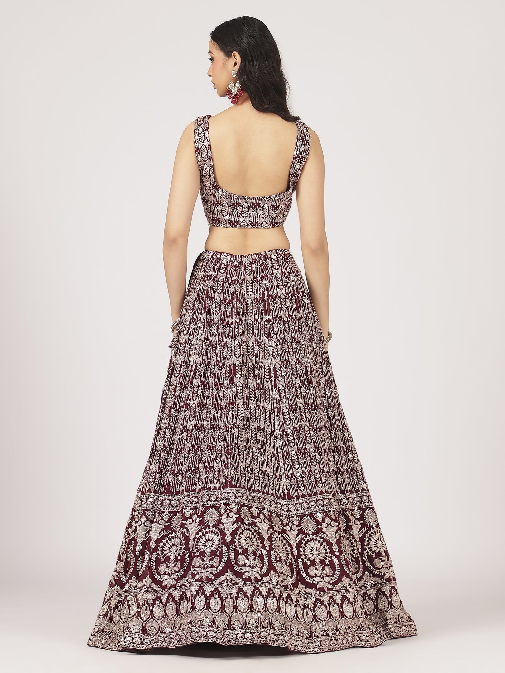 Maroon & Ivory Threadwork Lehenga Set with Embellished Blouse & Net Dupatta