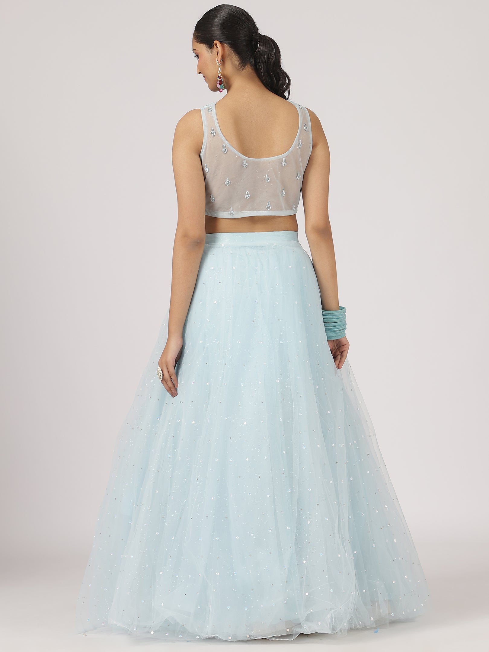 Sky Blue Embroidered Net Lehenga with Sequins & Mirror Work