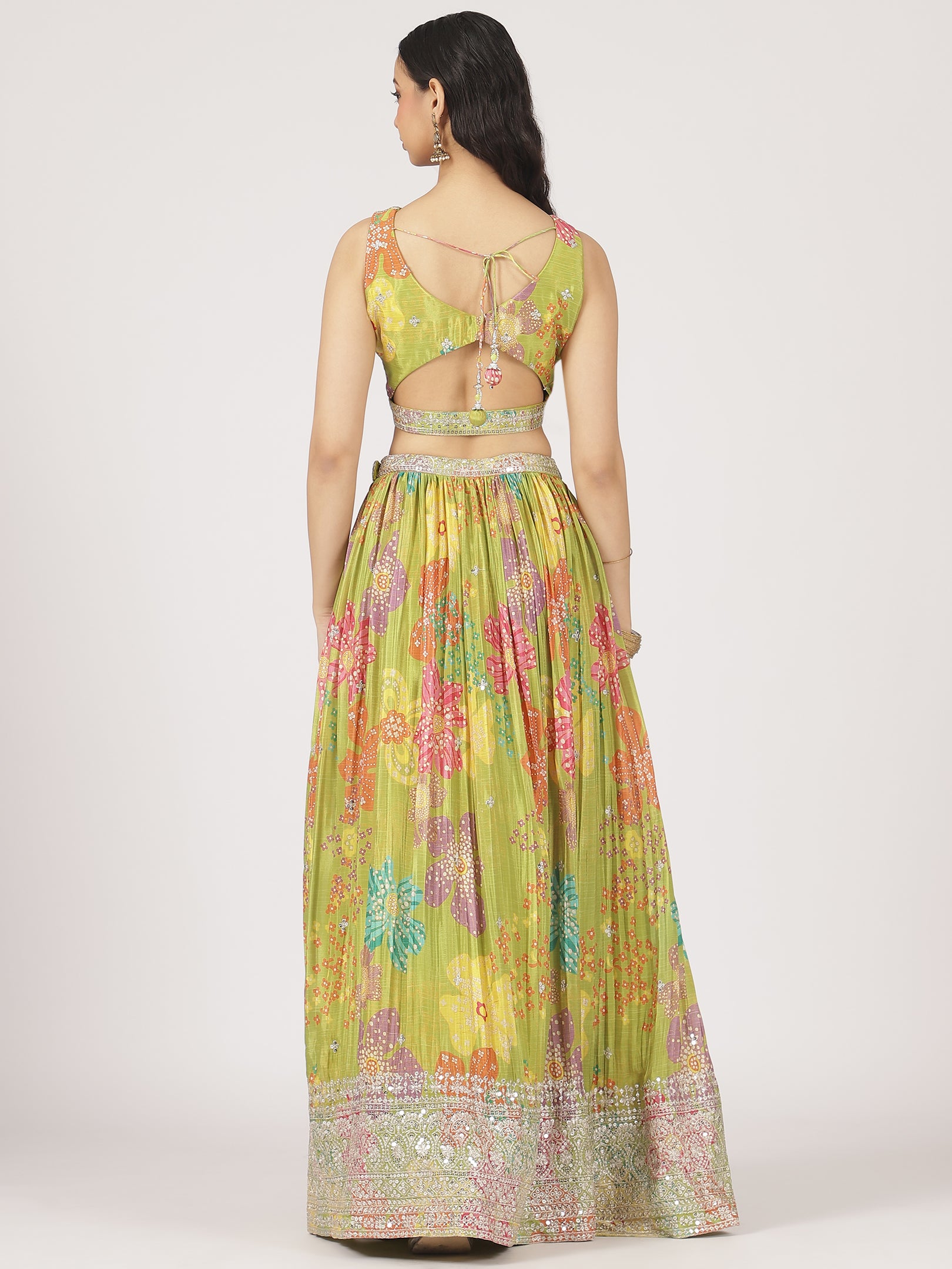 Lime Green Printed Organza Lehenga with Sequin & Mirror Work Blouse