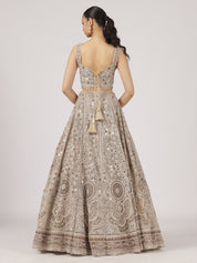 Elegant Beige Netted Lehenga with Intricate Mirror Work Blouse & Skirt