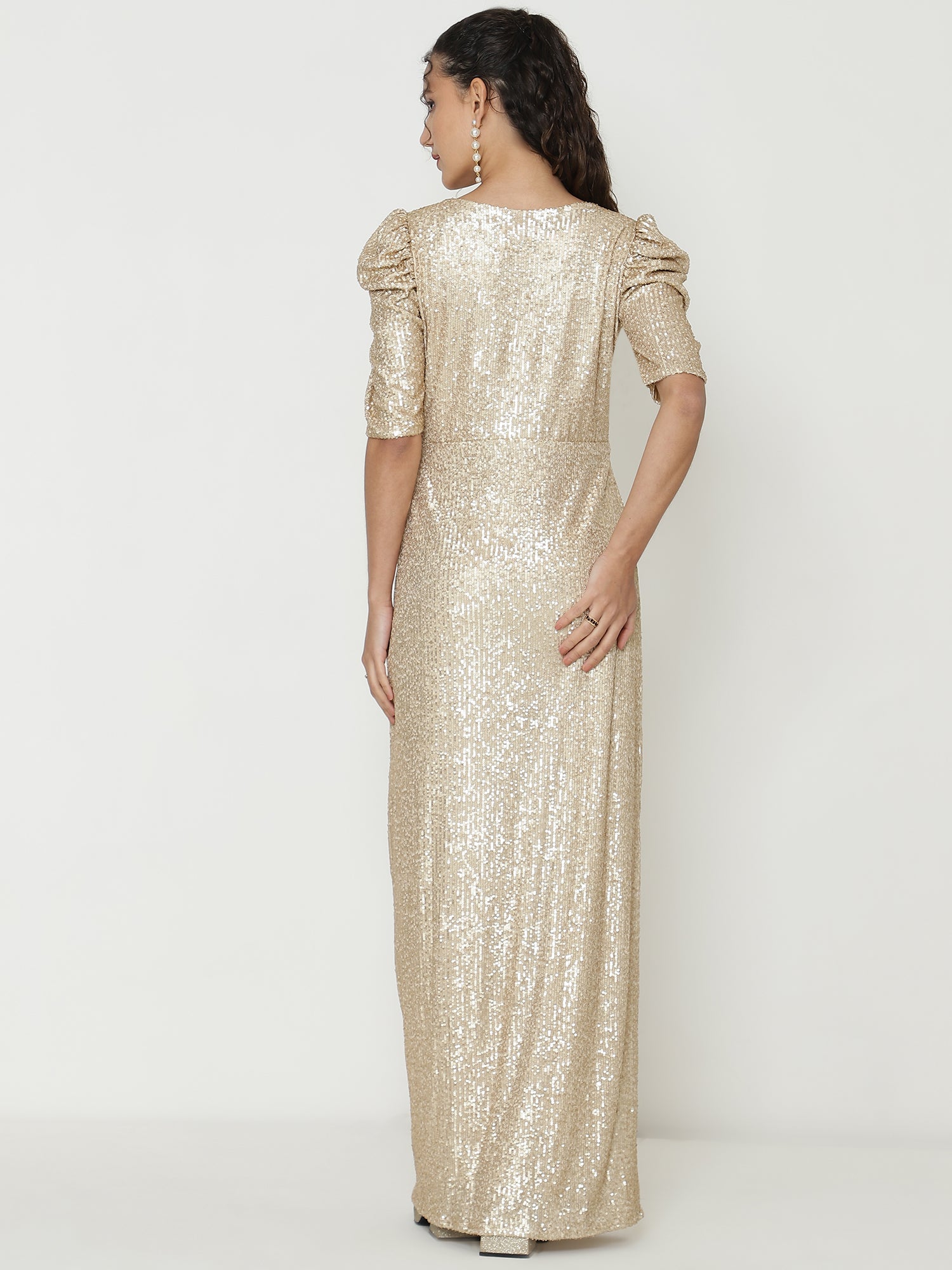 Stunning Gold Gown with Intricate Knitted Sequin Work