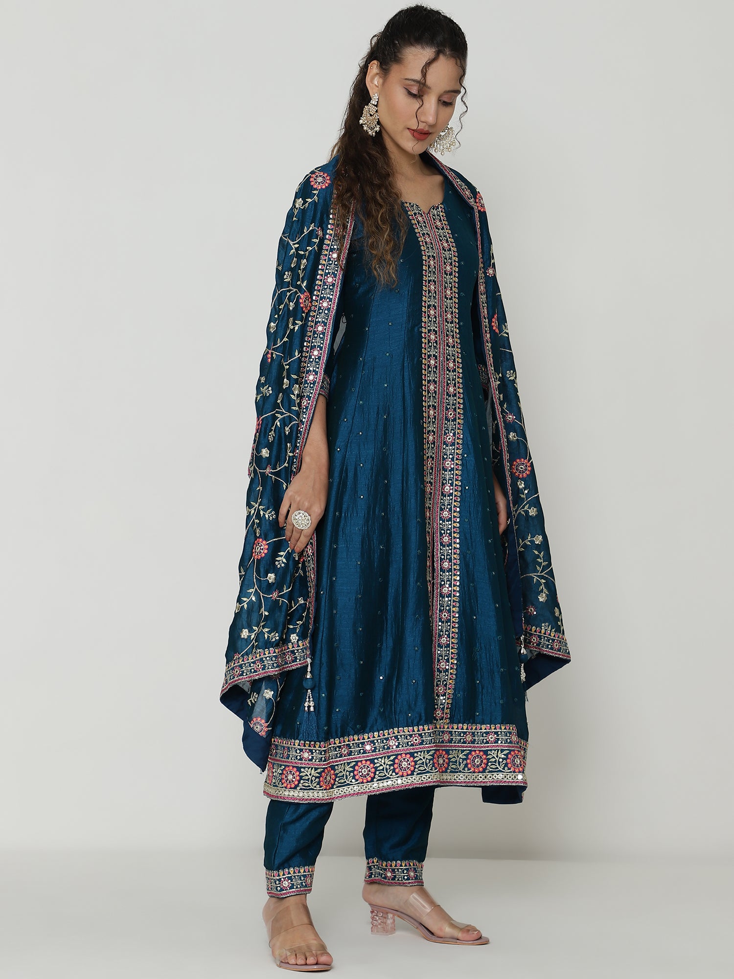 Elegant Blue Salwar Suit with Floral Embroidered Dupatta & Matching Pants