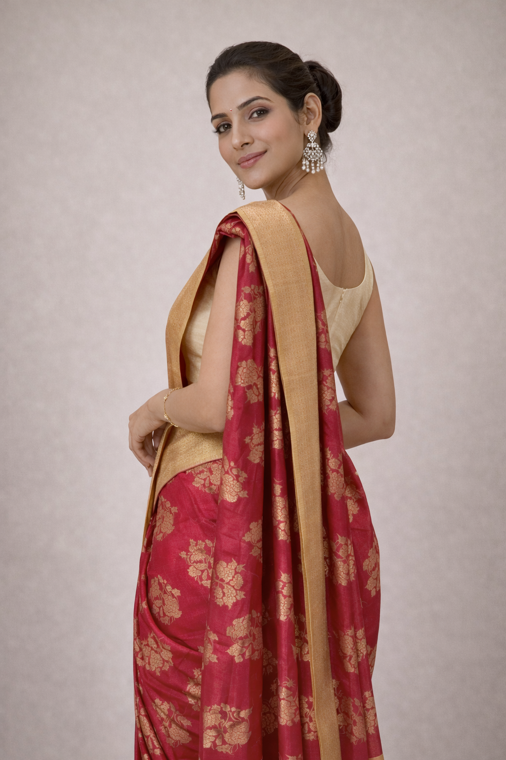 Pure Tussar Silk Saree with Antique Gold Zari Border – Crimson Red & Deep Maroon