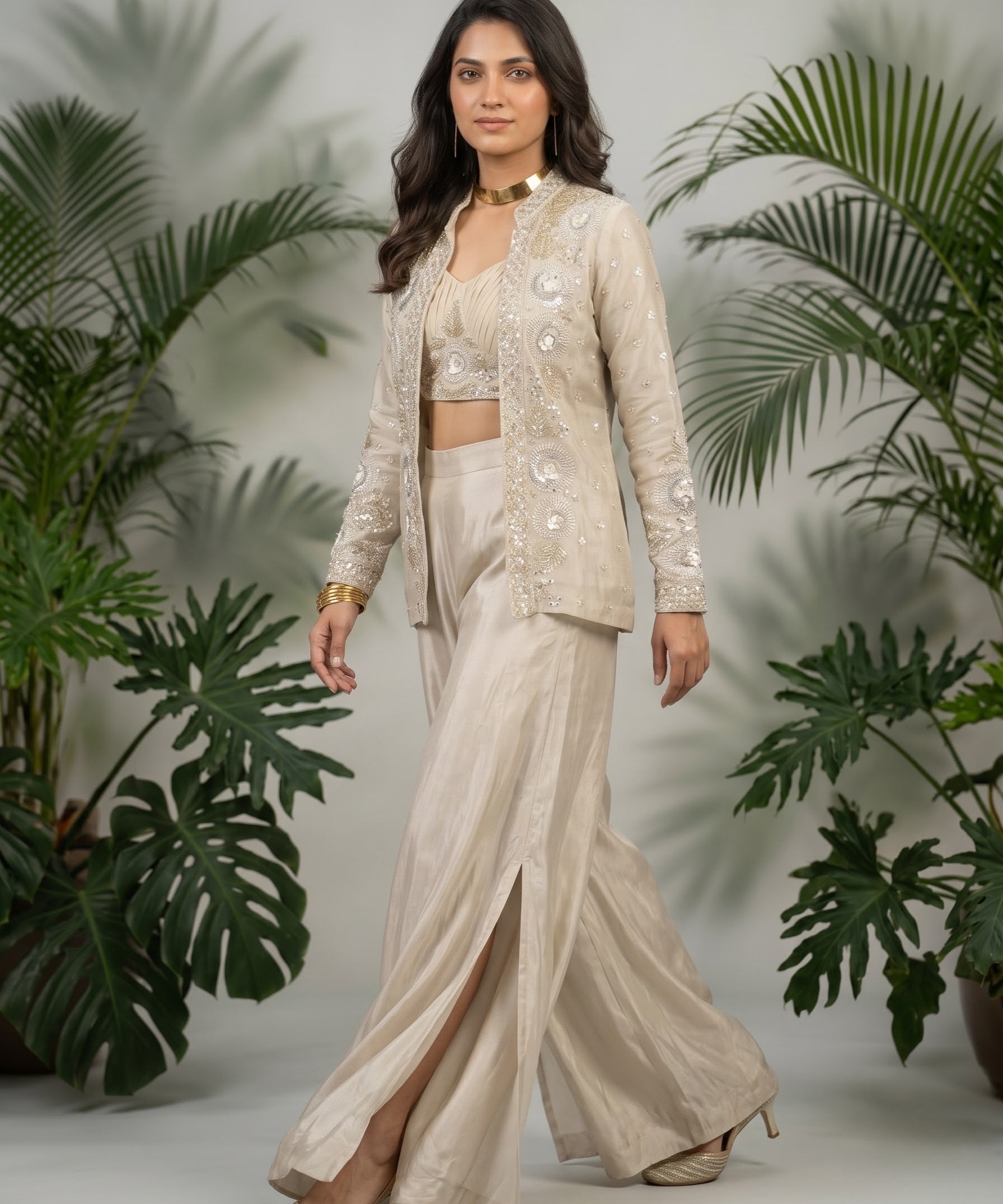 Ivory Hand-Embellished Organza Jacket Co-ord Set