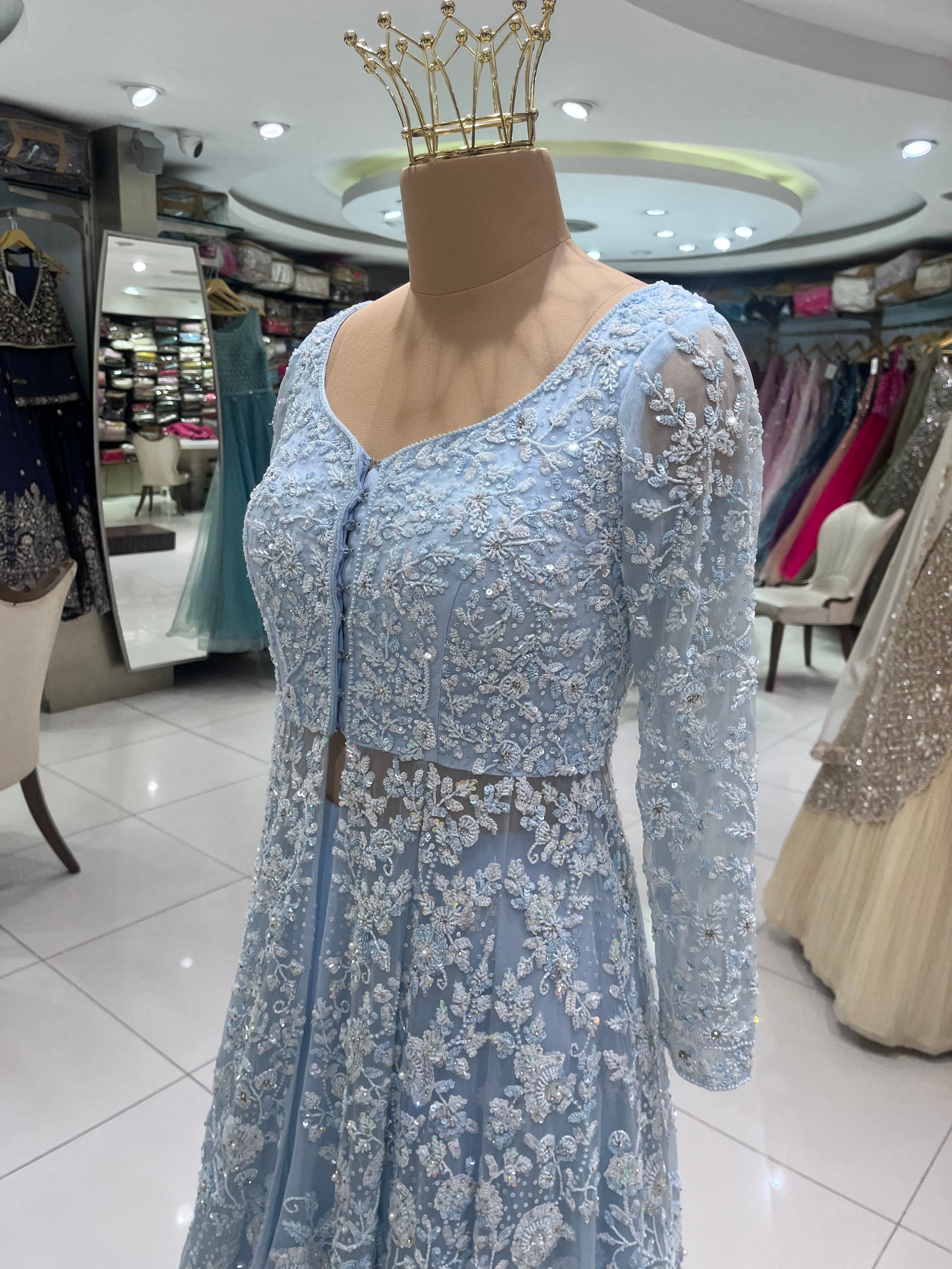 Powder Blue Embroidered Net Gown with Full Sleeves DIVA