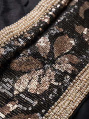 Black Georgette Saree with Gold Sequin Floral Embroidery & Pearl Border