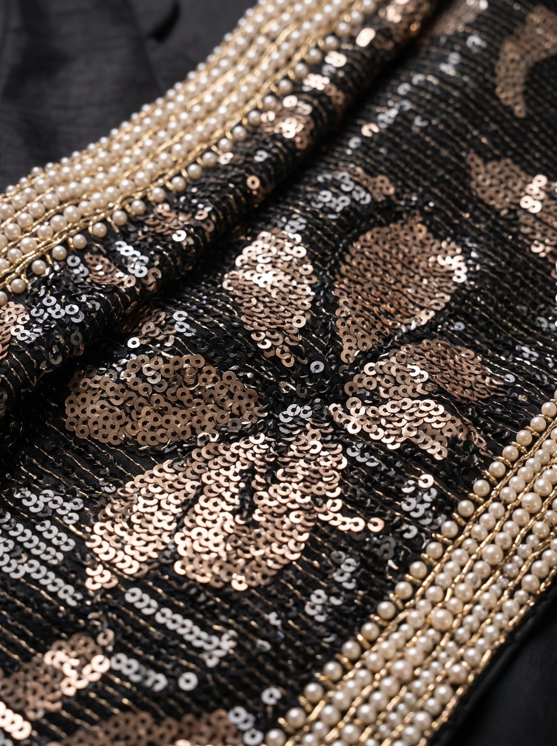 Black Georgette Saree with Gold Sequin Floral Embroidery & Pearl Border