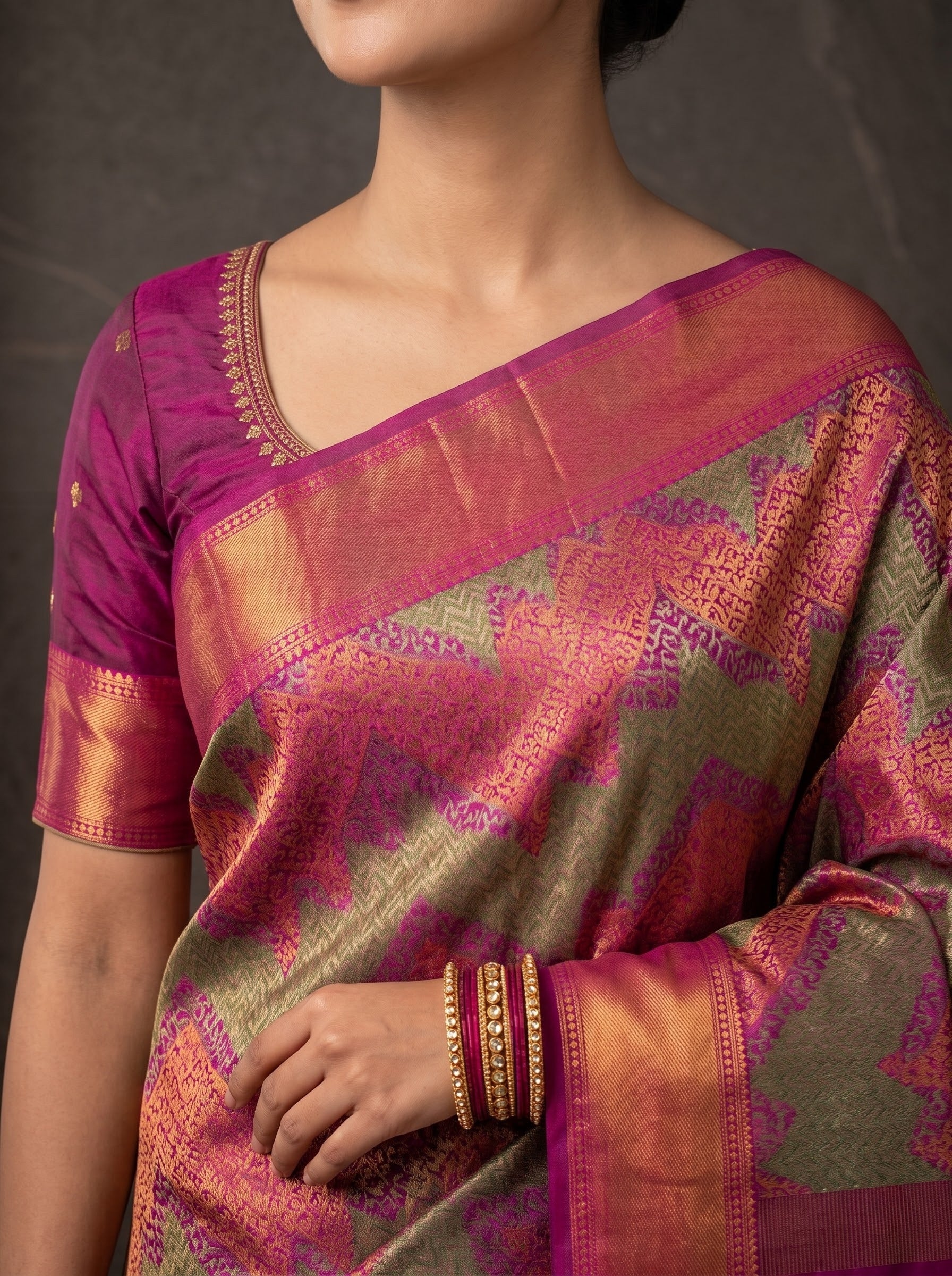 Kanchipuram Silk Saree – Magenta Pallu with Peacock Zari Border