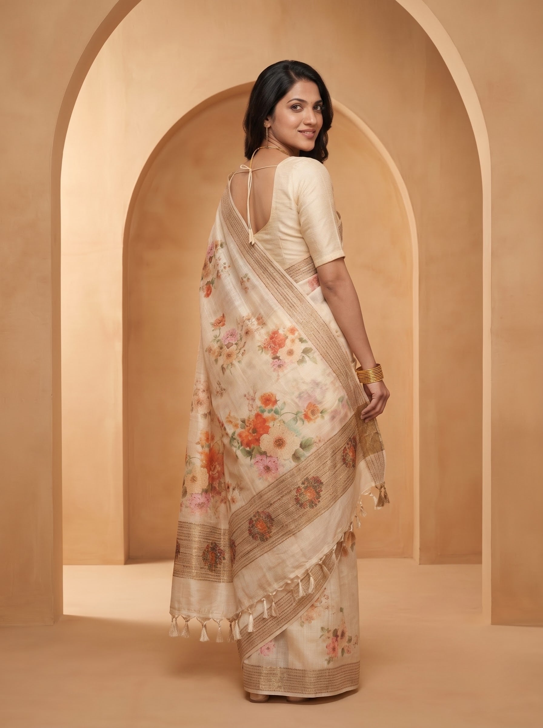 Tussar Silk Saree – Ivory Floral Print for Festive Wear