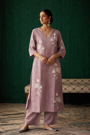 Elegant Pink Linen Salwar Set for Women | Floral Embroidered Casual Coord Set