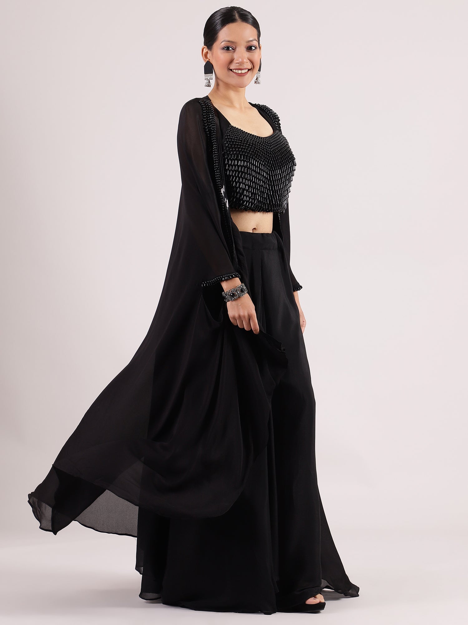 Sophisticated Black Georgette Palazzo Suit with Pearl Beadwork Blouse & Overcoat