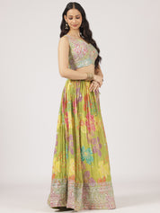 Lime Green Printed Organza Lehenga with Sequin & Mirror Work Blouse