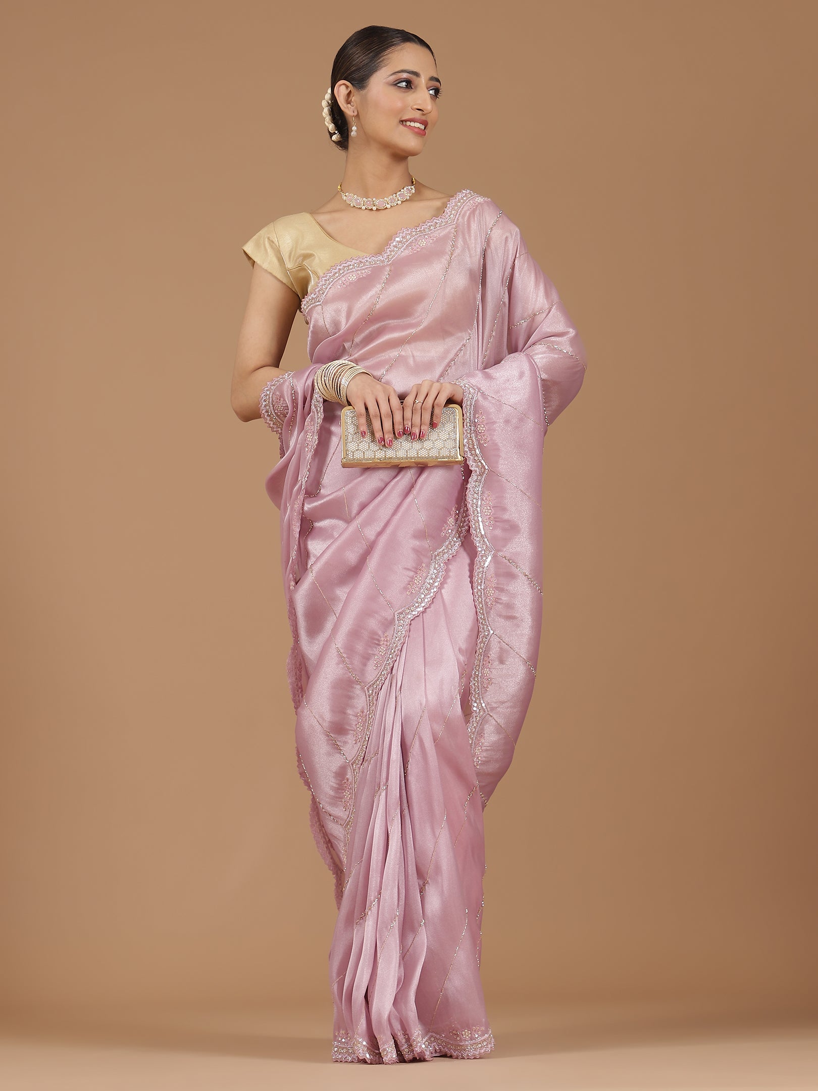 Elegant Pink Satin Silk Saree with Sequin Embroidery