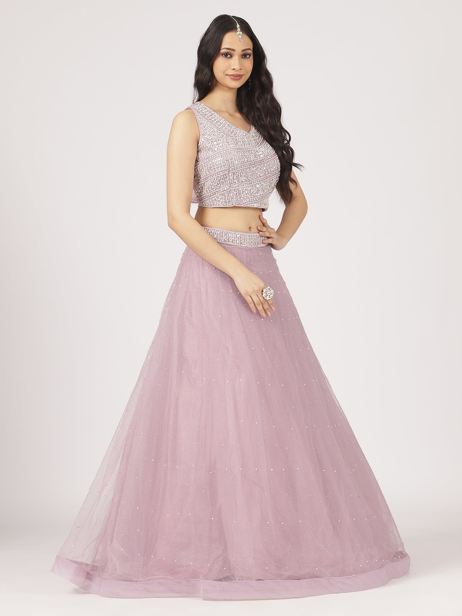 Lilac Net Lehenga with Sequin Embroidery & Designer Blouse