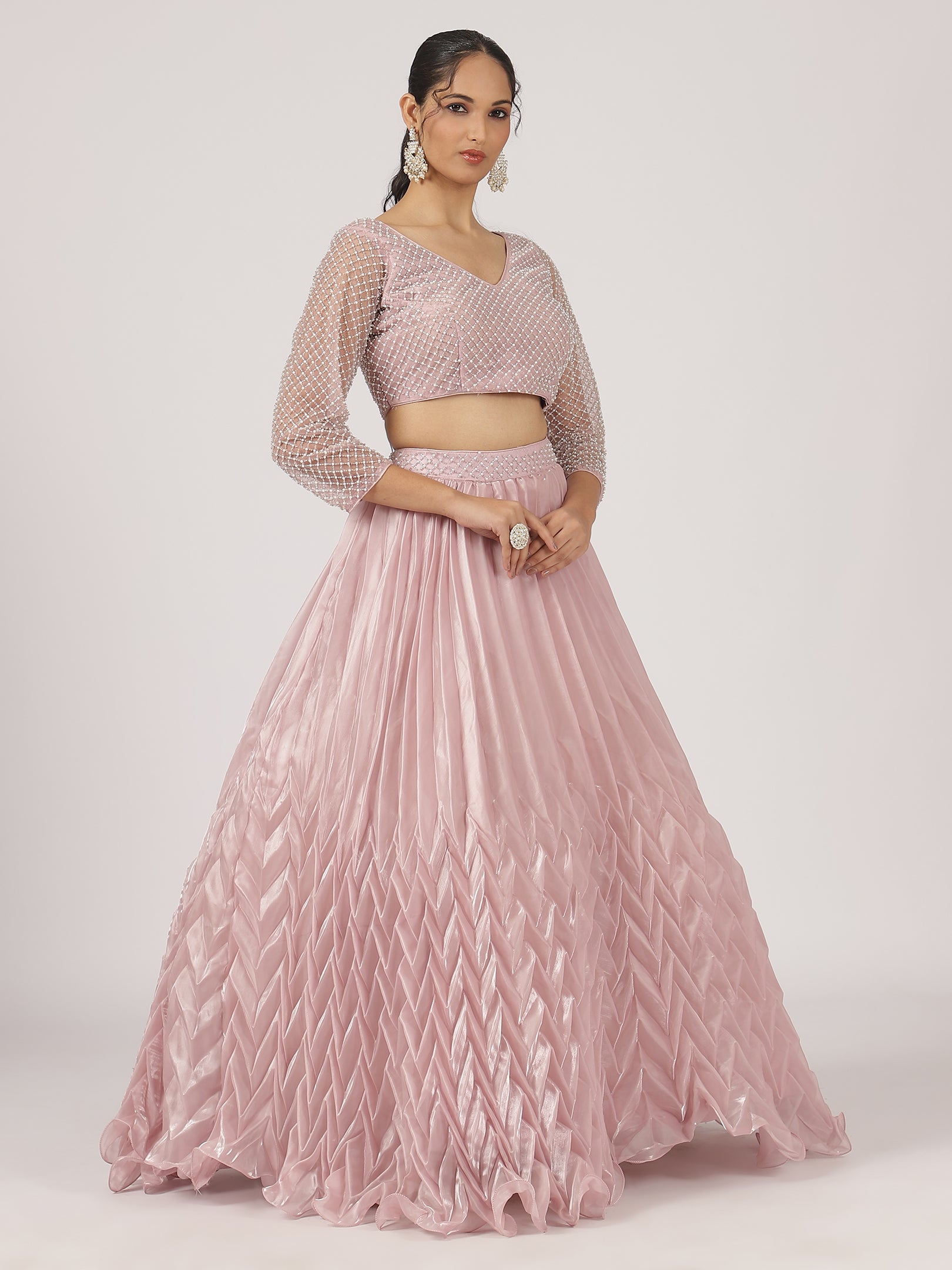 Pastel Pink Organza Pleated Lehenga with Pearl Work Blouse & Ruffled Dupatta