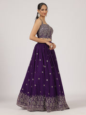 Royal Purple Embroidered Lehenga Set with Mirror Work Blouse & Net Dupatta