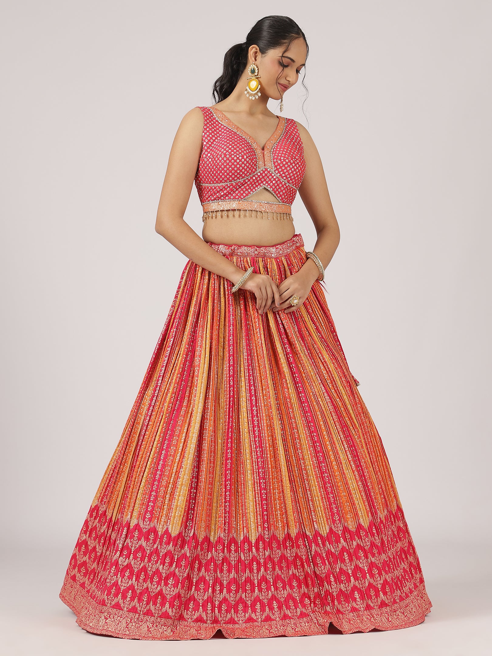 Pink & Orange Bandhani Lehenga Set with Embroidered Blouse & Dupatta