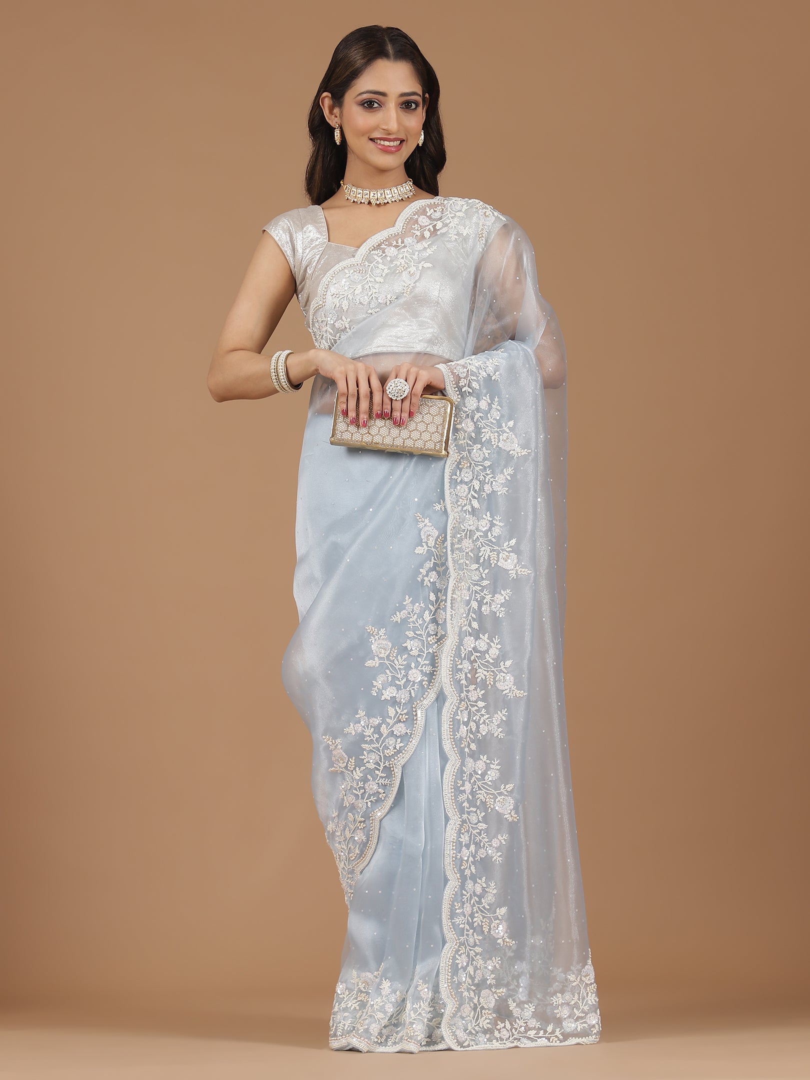 Serene Sky Blue Embroidered Net Saree with Contrasting Blouse