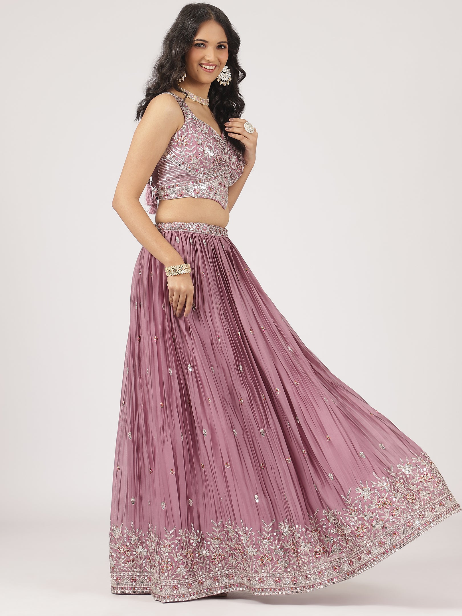 Elegant Lavender Raw Silk Lehenga with Sequin Embroidered Blouse