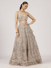 Elegant Beige Netted Lehenga with Intricate Mirror Work Blouse & Skirt