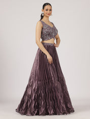 Plum Purple Organza Pleated Lehenga with Hand Embroidered Blouse