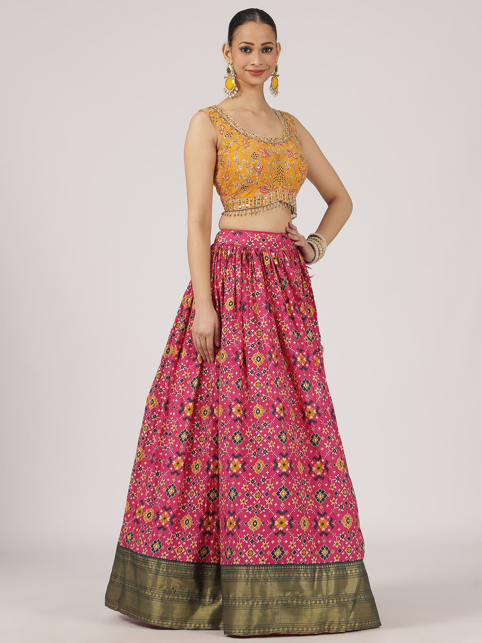 Vibrant Pink & Mustard Cotton Silk Lehenga with Embroidered Mirror Work