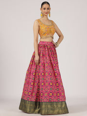 Vibrant Pink & Mustard Cotton Silk Lehenga with Embroidered Mirror Work