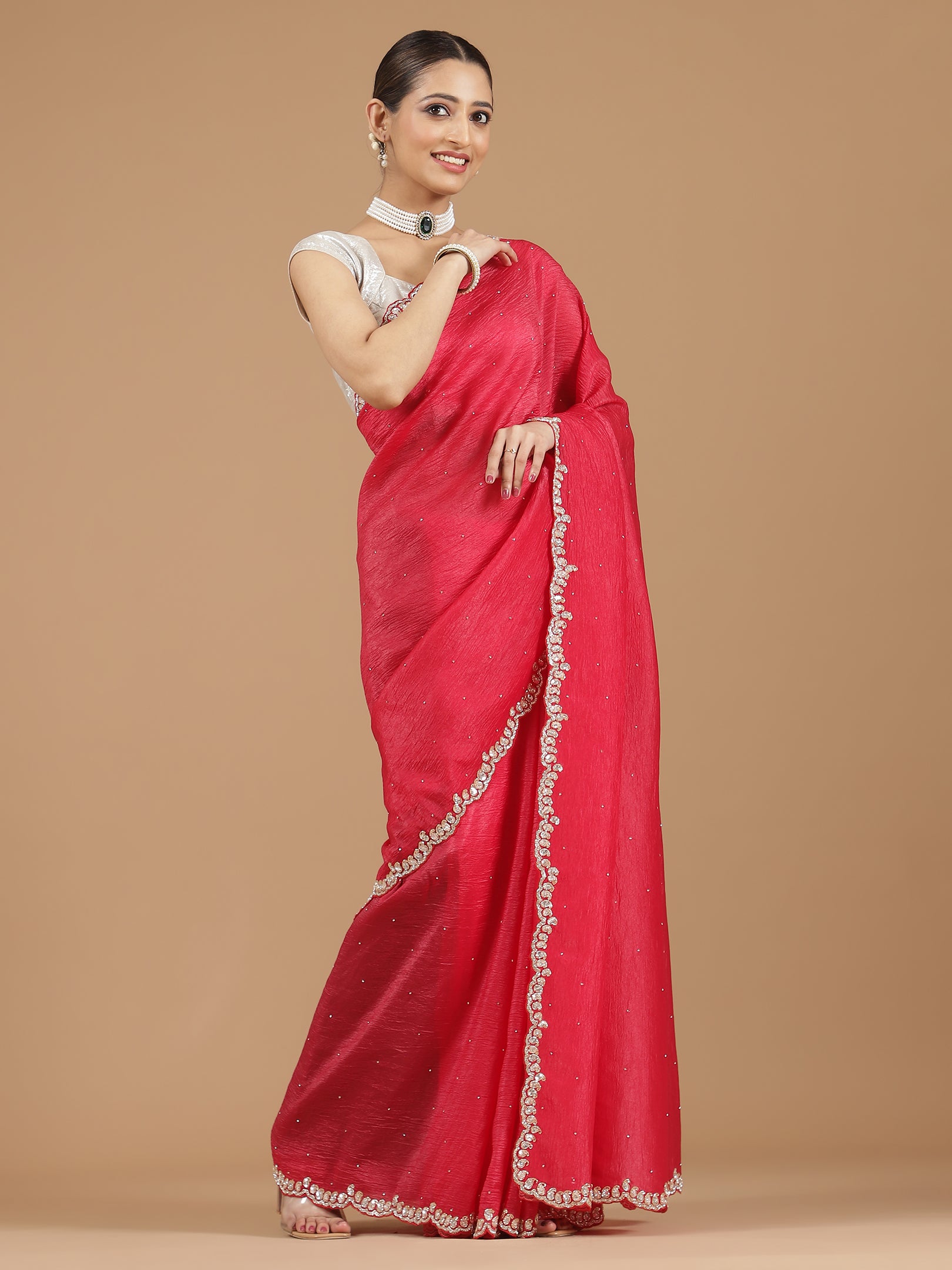 Crushed Silk Saree with Embellished Border