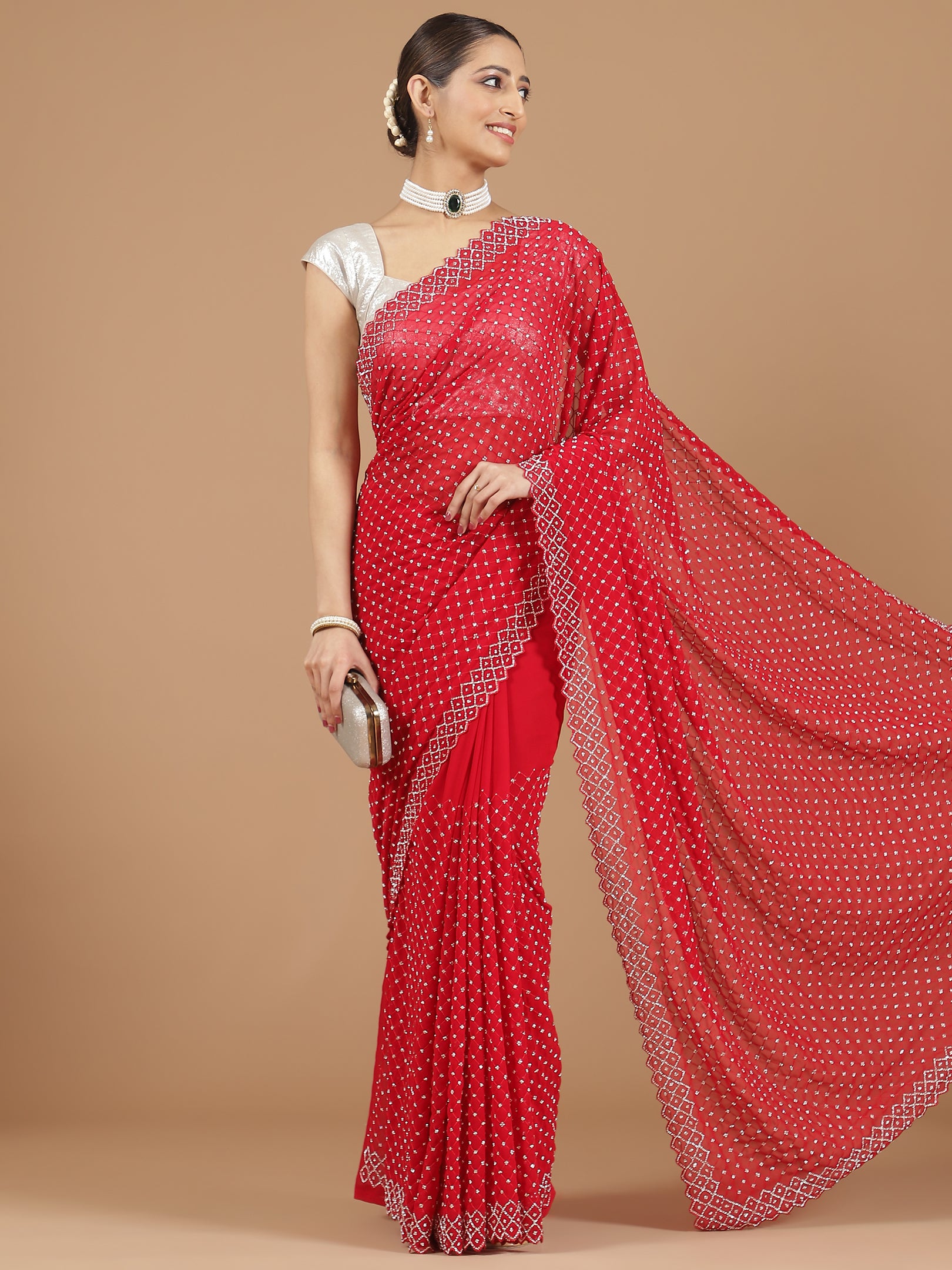 Bandhani Georgette Saree with Mirror Work Border