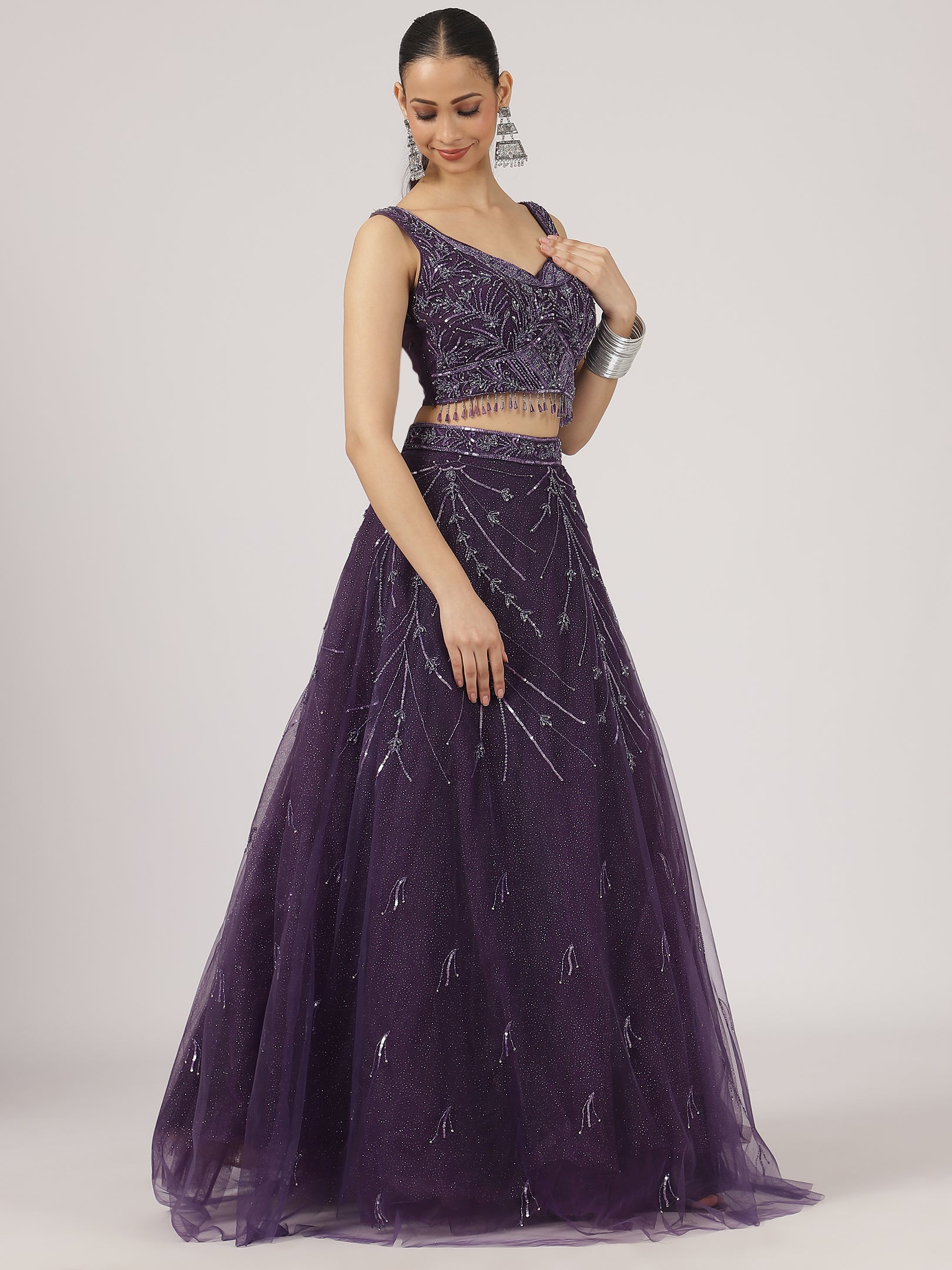 Regal Purple Embroidered Net Lehenga with Sequin Detailing