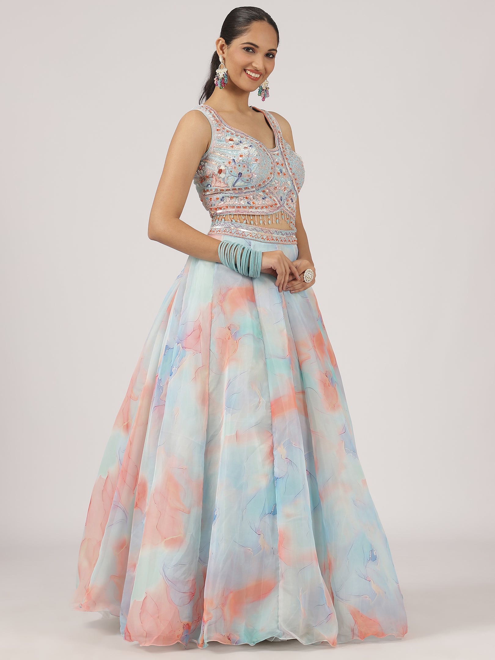 Pastel Blue & Peach Watercolor Organza Lehenga with Embroidered Blouse