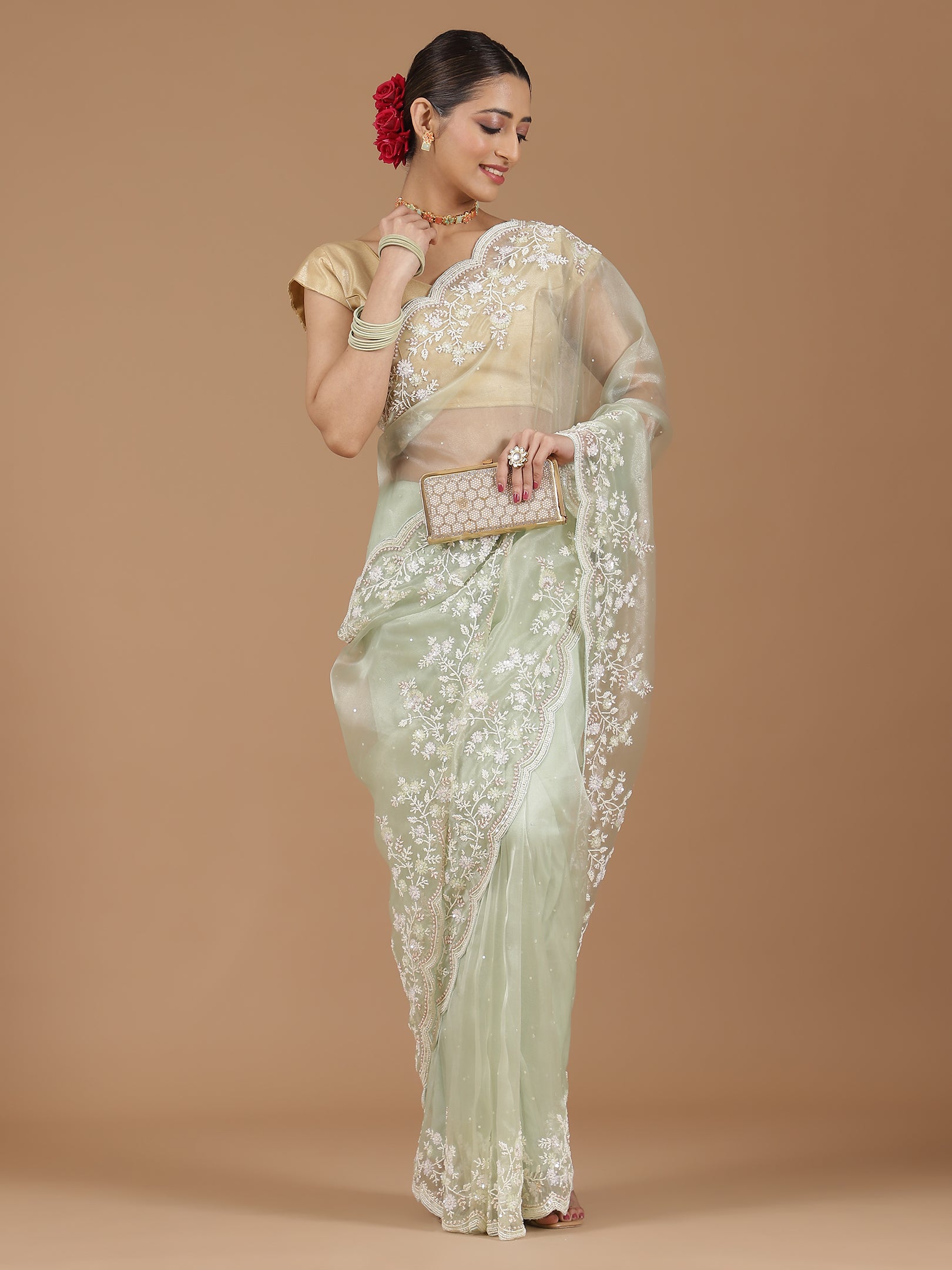 Net Saree with Delicate Floral Embroidery & Scalloped Border