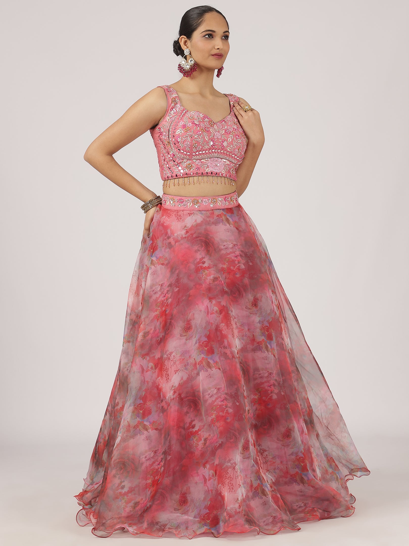 Blush Pink Floral Organza Lehenga with Embroidered Blouse