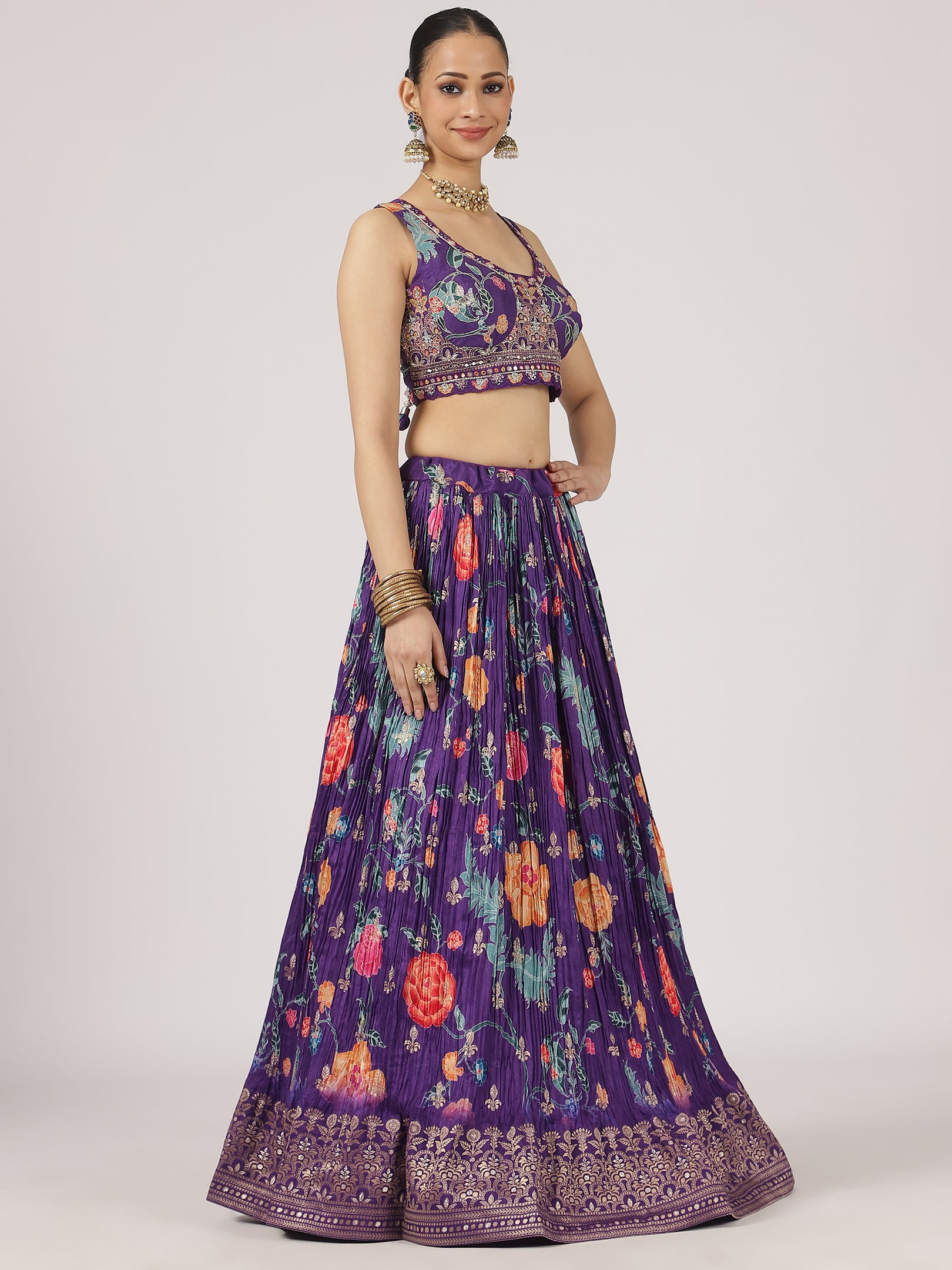 Royal Purple Floral Print Lehenga with Embroidered Blouse