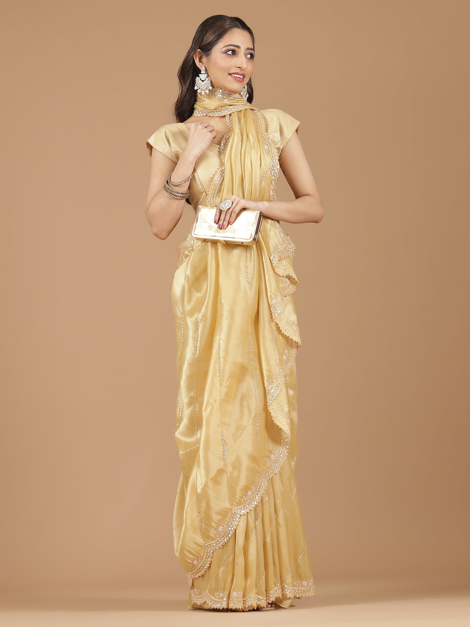 Luxe Golden Satin Silk Saree with Exquisite Embellishments