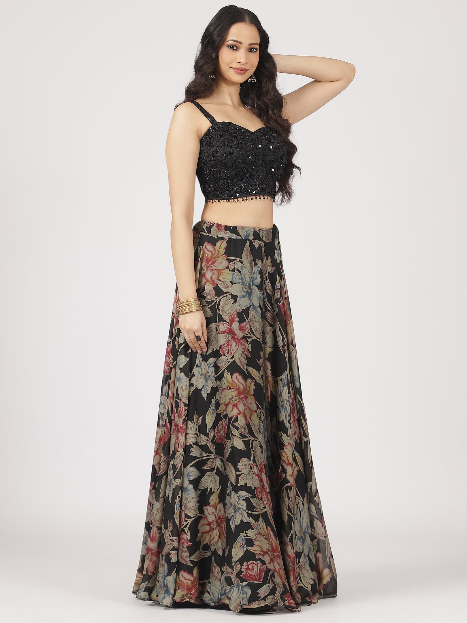 Black Floral Printed Organza Lehenga with Embroidered Blouse & Net Dupatta