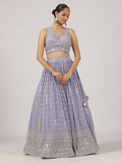 Lavender Mirror Work Lehenga with Embroidered Blouse & Sheer Dupatta